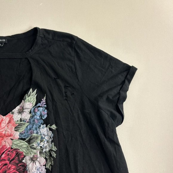 Torrid Shirt Women 3 Black Red Floral Graphic Destroyed Front Choker Neck Tee - Picture 3 of 9